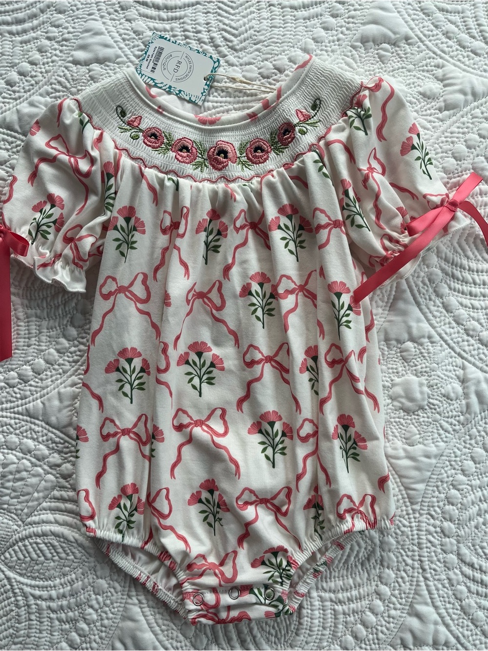 Smocked Floral Ribbon One-Piece Romper – White with Pink